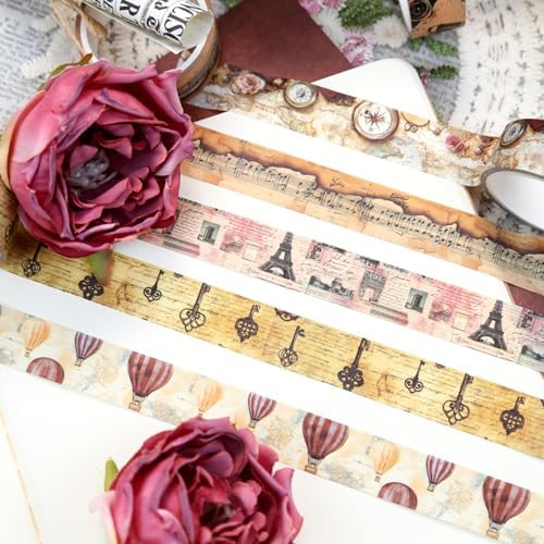 Vintage Washi Tape Set, 16 Rolls, Multicolored, 3m x 15mm, Travel Themed Designs, Ideal for Scrapbooking, Journaling, Gift Wrapping