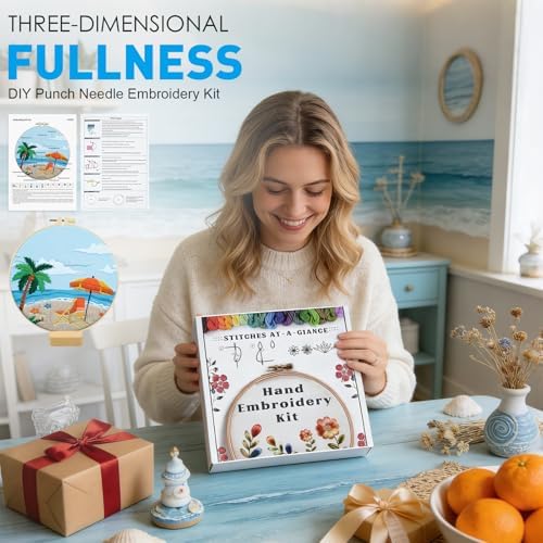 ElasignShopo Ocean Embroidery Kit for Beginners Adults, Easy Cross Stitch Kit Spring Summer Beach Ocean Pattern Embroidery Starter Kits with Wooden Hoop Needles Threads Display Stand and Instruction