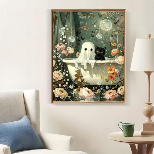Cute Bathing Ghost and Cat Paint by Numbers Kit for Adults 16 X 20 Inch