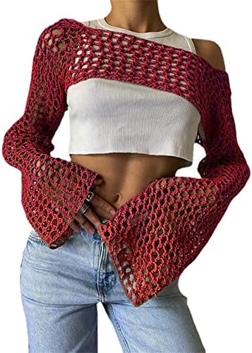 KEOMUD Women Crochet Tops Y2K Hollow Knit Bolero Shrug
