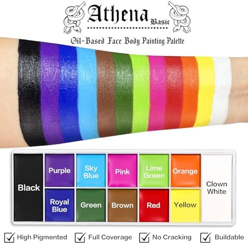 UCANBE Athena Basic Face Body Paint Oil Palette, 12 Color Large Black White Professional Face Painting Makeup Kit, Facepaint Pallet for Halloween SFX Party Art Stage Costume Cosplay Clown Goth Make Up