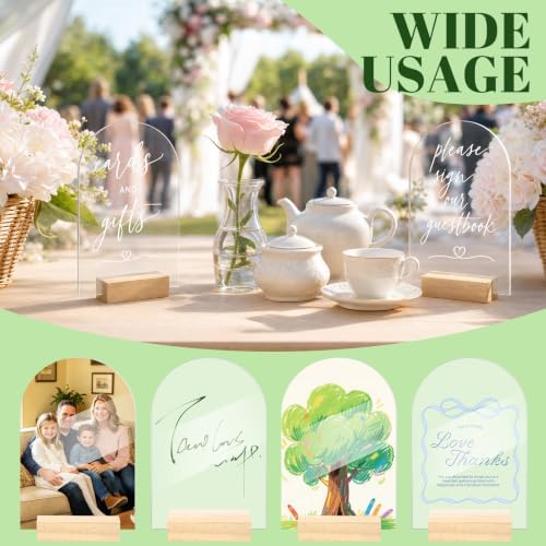 Bercoor 20 Pack 4x6 Inch Blank Clear Arch Acrylic Sign with Wooden Stands, Arched Round Top Acrylic Sheet, DIY Acrylic Arch Table Numbers for DIY Name Card Gifts Event Party Sign Decoration