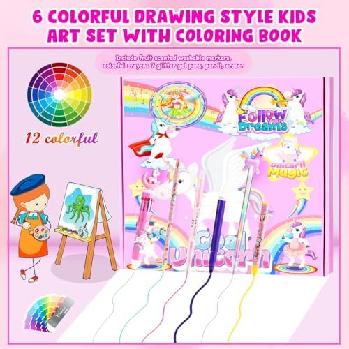 DOKKIA Fruit Scented Coloring Pens Markers Set 65 PCS Art Craft Drawing Case - Washable Kits Pencil,Gel Pen,Crayon&Coloring Book Supplies Pink Unicorn Rainbow