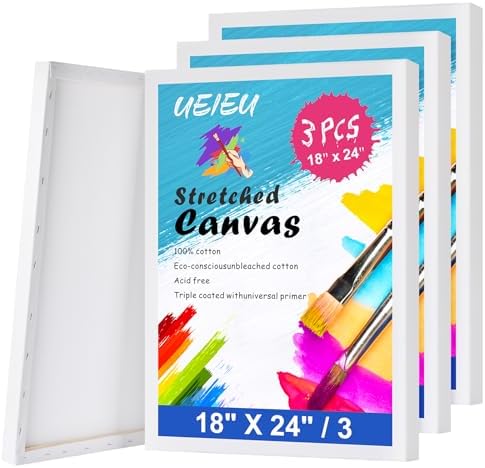 Stretched Canvas for Painting 18 x 24 Inch, 3 Pack Large Canvas, Triple Primed Acid-Free Cotton, Canvas for Acrylic Oil Pouring & Wet Media