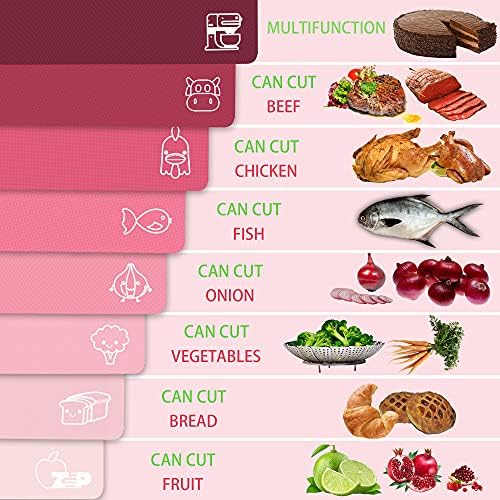 ZVP Plastic Cutting Boards for Kitchen, Flexible Cutting Mats, Gradient Pink Chopping Boards with Food Icon, Non-Slip, Non Porous, BPA Free, Dishwasher Safe