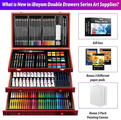 iBayam Art Supplies, 195-Pack Deluxe Drawing Painting Kit, 3 Sketchbook Set