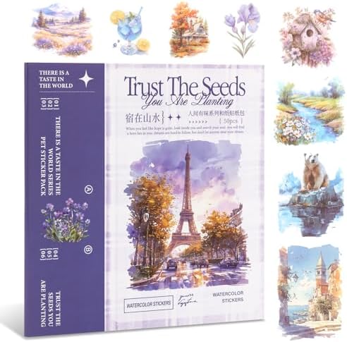 RISYPISY 388pcs Landscape Theme Sticker Book Washi Stickers for Journaling | 50 Sheets of Ephemera Stickers for Junk Journal, Scrapbooking, Planners & Collage Crafts