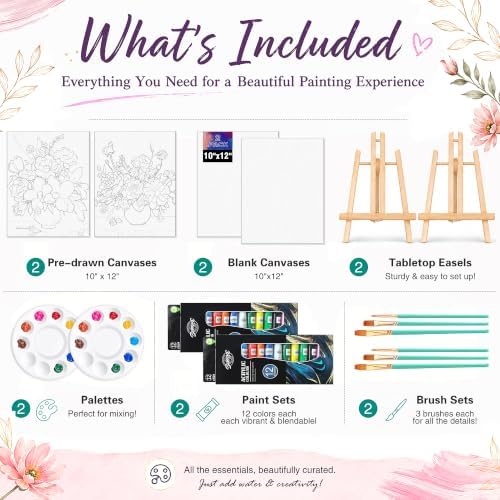 QUANWAISJ Sip and Paint Kit for Adults, Pre Drawn Canvas for Painting for Adults, 2 Pack Canvas Painting Kit, Paint Party Kit, Date Night Activities for Couples (Flower Vase)