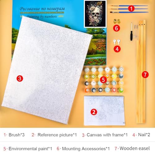 TUMOVO Paint by Numbers Skull with Flowers, Abstract Paint by Number for Adults, Adult Paint by Number Kits on Canvas Drawing Paintwork with Paintbrushes Art Crafts 16"x20"(with Frame)