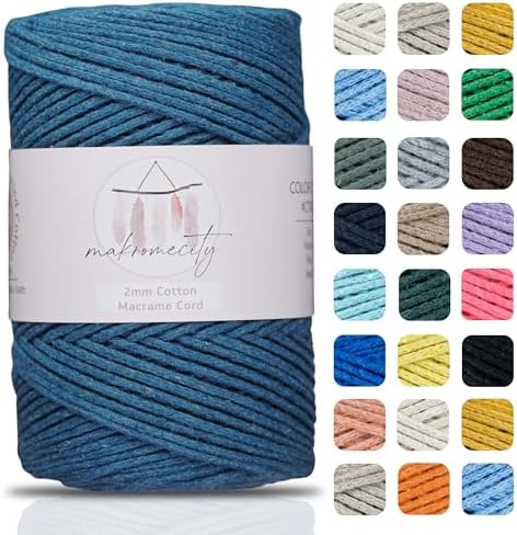 Makromecity, Cotton Macrame Cord 2mm x 195 Yards (590 feet) 2mm Recycled Cotton Crochet Yarn for Macrame Art & Crafts for Wall Hangings, Bags, Underplate, Rug (25 Colors Available) (Denim Blue)