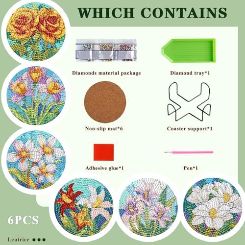 Leatrice 6 Pcs Diamond Art Coasters Small Diamond Painting Kits for Adults