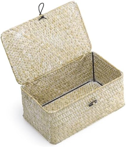 Nonam Small Wicker Basket with Lid,Seagrass Shelf Storage Basket,White