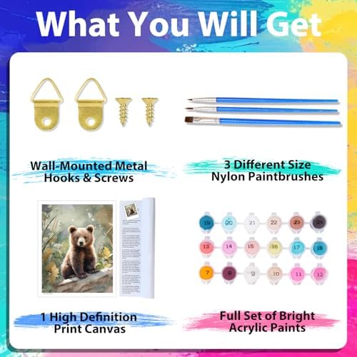 xcemhil Bear Paint by Numbers Kit for Adults, Paint by Number Animals, Bear Paint by Numbers Kit for Adults Beginner for Gift and Home Wall Decor 16x20 Inch