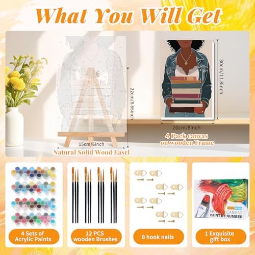 4 Pack Framed Paint by Numbers Kit for Adults, Book Lover, 8 x 12 Inch | DIY Acrylic Painting by Numbers for Beginners, with Wooden Easel, Reading Room Home Wall Decor, Stress Relief Craft Gift