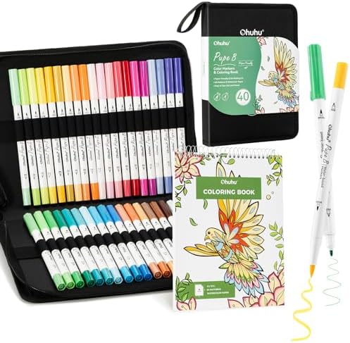 Ohuhu Adult Coloring Book 30 Patterns with 40 Colors Paper-Friendly Markers 230gsm Spiral Bound Coloring Book for Adults Relaxation Water-Based Markers for Adult Coloring Books No Bleeding - Pupe B