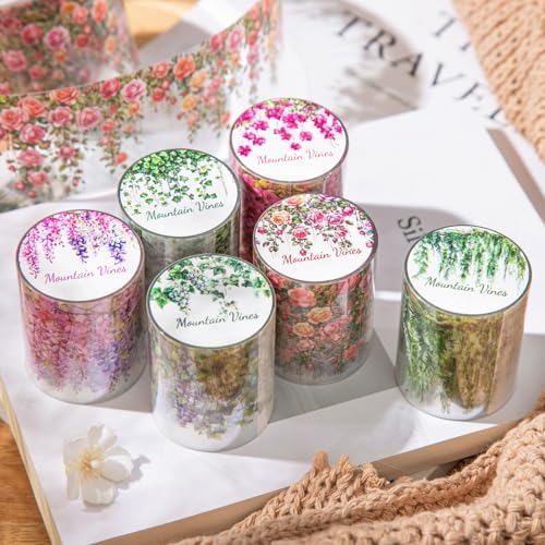 PET Tape Stickers for Journaling 6 Rolls Flower Washi Tape Stickers Decorative Tape for Crafts Scrapbooking Junk Journal Supplies, Flower Vine