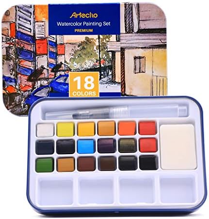 Artecho 18 Colors Watercolor Paint Set, Portable Travel Tin Box with Brush