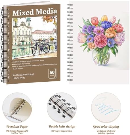 4 Pack 9x12 Mixed Media Sketchbook, Spiral Bound, 200 Sheets Sketch Pads