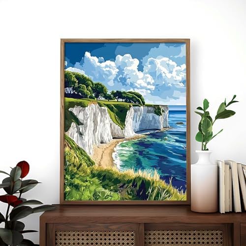 Alptiny Coastal Landscape Paint by Numbers Kit for Adults Beginner, Cliffside Beach Paint by Number Kits, DIY Seaside Oil Painting Kit for Relaxation & Home Decor, 16x20 Inch