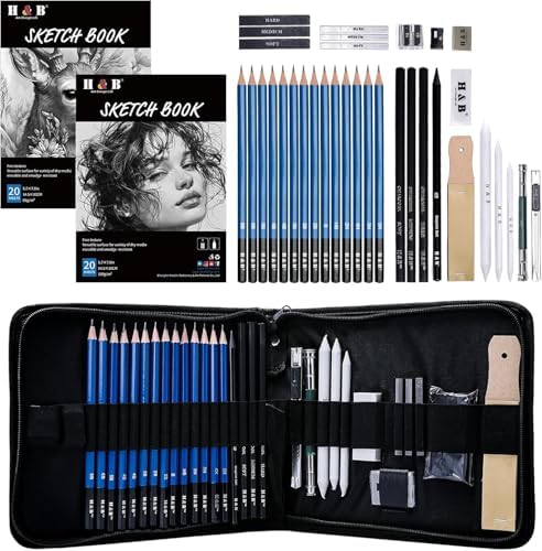 H & B 36 Pack Drawing Set Sketch Kit,Sketching Supplies with 2 sketch pad, Graphite Pencils, Charcoal Sticks, Eraser, Pro Art Drawing Kit for Artists Beginner Adults, Ideal for Shading, Blending