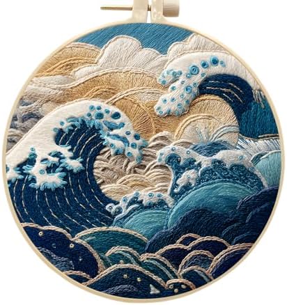 FONNUY Embroidery Kit for Beginners, Stormy Sea Wave Flowers Pre-Stamped Pattern Kits for Adults with Hoop, Easy to Follow Color Thread Needlework, 8'' Hoop (Blue)