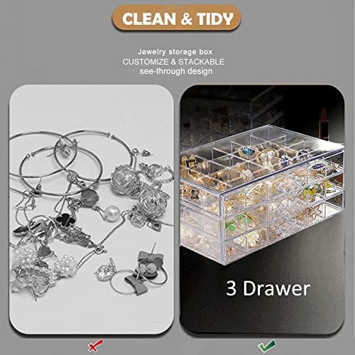72 Grids Acrylic Organizer Box with 3 Drawers, Clear