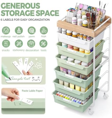 SYKIARIOL Rolling Cart with 6 Drawers,Art Craft Organizer and Storage,Green