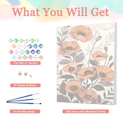 Auremi Flower Paint by Number Kits with Framed, DIY Flower Paint by Number Canvas for Adults, Easy Acrylic in Canvas with Brushes for Decor 20x30cm