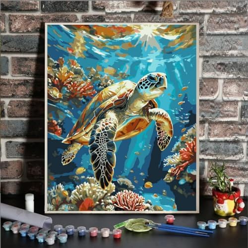 ldazao Framed Paint by Numbers Kit for Adults Sea Turtle Paint by Number Artist Kit Beginner DIY Painting Kits for Adults On Canvas for Gift Home Wall Decor 9.5x12 Inch