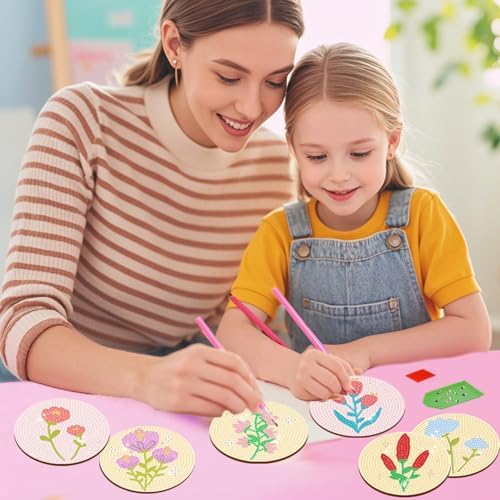 DOTSOPS 8 Pcs Flowers Diamond Art Coasters for Adults with Holder 4 in