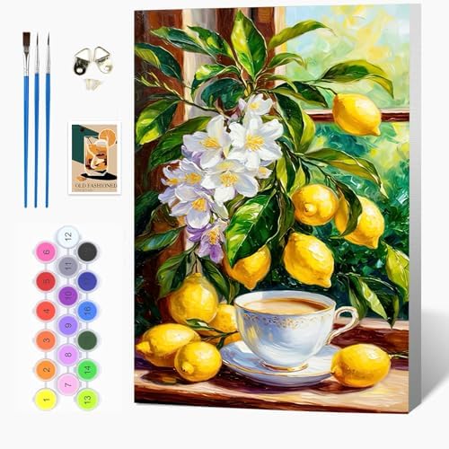 Auremi Lemon Paint by Number Kits with Framed, DIY Flower Paint by Number Canvas for Adults, Easy Acrylic in Canvas with Brushes for Decor 20x30cm