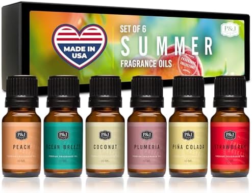 P&J Trading Summer Set of 6 Fragrance Oils - Peach, Strawberry, Plumeria, Coconut, Ocean Breeze, Pina Colada Candle Scents, Soapmaking, Diffuser Oil