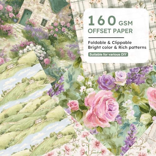 Retro Cottagecore Scrapbooking Paper Pad - 24 Sheets 6in Pink Garden Aesthetic Patterned Decorative for Origami Decoupage Journals Wrapping Folded Supplies Gift Cards DIY Crafts Photo Album