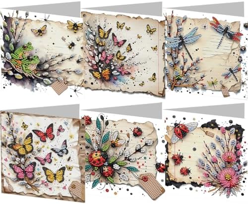 Diamond Art Cards with Envelopes–6PCS DIY Diamond Painting Greeting Cards Kit | Card Making Kit with Bling for Adults & Beginners | Birthday,Holiday & Thank You Cards (Insect Butterfly)