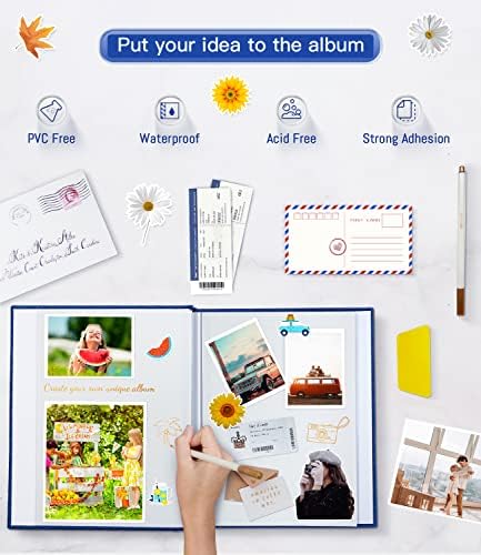 Popotop Photo Album Self Adhesive with Picture Display Window,40 Pages DIY Scrapbooking Supplies Kit for 4x6 8x10 Picture,Linen Cover Memory Book for Baby Wedding, with Scraper and Metallic Pen
