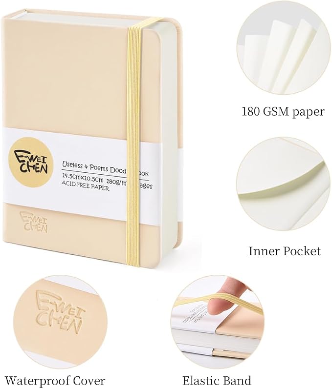 5.7x4.1in Hardcover Blank Sketchbook for Drawing 180gsm 96Pages,Beige