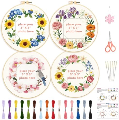 ORIGACH 4 Pack Floral Frame Embroidery Kits for Beginners DIY Starter Hand Embroidery Kit with Floral Wreath Patterns and Instructions for Adults Women Crafting