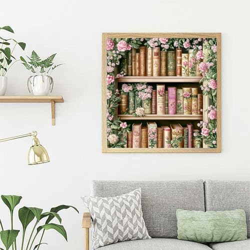 GEWOUVIN Vintage Flower Bookshelf Diamond Art Kits for Adults,Diamond Painting Kits for Adults Beginners, DIY Full 5D Round Drill Gem Art Kits for Gift Home Wall Decor【13.8x13.8inch】