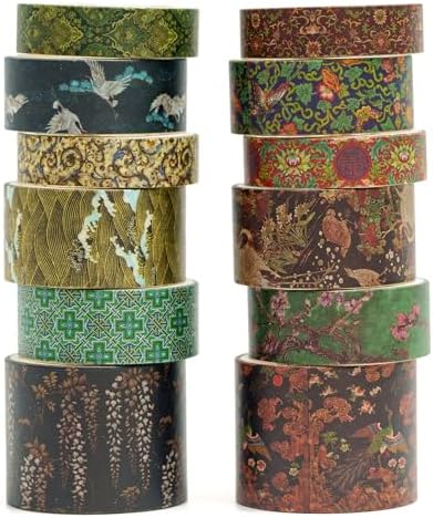 12 Rolls Chinoiserie Washi Tape Set Chinese Arts Adhesive Tapes Geometric Garden Decorative Masking Tape Sets for Craft, Kids, Scrapbook, DIY, Gift Wrapping (Almond Blossom Ridge)