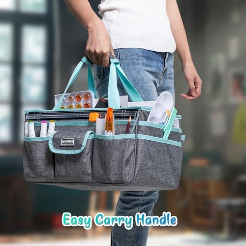 Art Supply Organizer Tote Bag – Craft Caddy with Handle, Utility Storage Tote with Multiple Pockets & Adjustable Divider for Sewing, Scrapbooking, School, Office, Medical Supplies