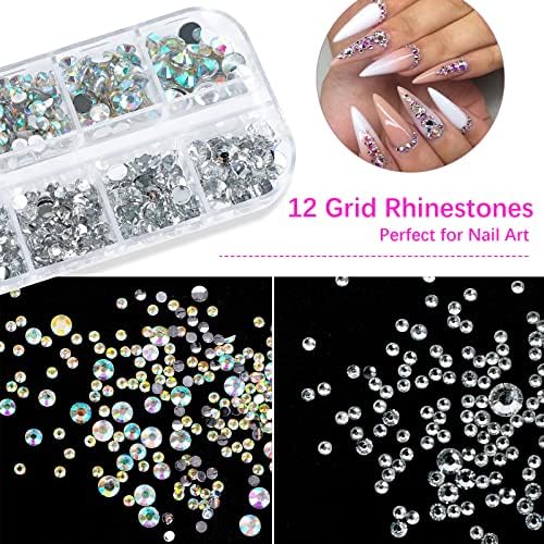 Canvalite Rhinestones 2784PCS in 6 Sizes Flat Back Gems, Crystal AB Art Gems with 5Pcs Jewelry Glue, Pick Up Tweezers and Picker Dotting Pen for Nails, Makeup, Stocking Stuffers Gifts for Women