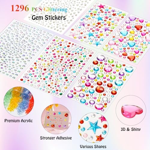 1296 pcs Gem Stickers Rhinestones for Crafts, Sparkling Cute Star Heart Round Small Stickers for Women Adults, Glitter Jewels Stickers for Face Eye Body Makeup, DIY Decoration WUINOID
