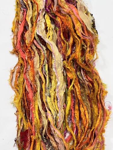 Maker's Craft Recycled Fuzzy Fringes Sari Silk Ribbon Yarn 35yards, 100Grams for DIY Knitting Crocheting Gift Wrapping, Christmas Decoration, Macrame Makers, Jewelry Making, Rugs Hooking (Yellow)