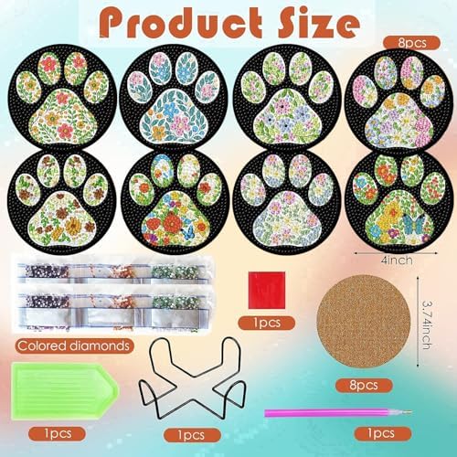 ijbnhd 8 Pcs Flower Diamond Art Coasters Kits 4x4 inch (Cork Wooden Pad)