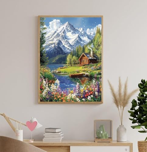 Accompany Wind Mountain Diamond Art Kits for Adults, 5D Mountain Cabin Landscape Diamond Painting Kits for Beginners,DIY Round Full Drill Diamonds Gem Art Crafts for Home Wall Decor Gifts 12x16 Inch