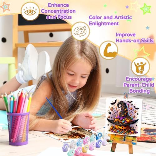 SUJINMEI 4 Pack Halloween Paint by Numbers Kit for Kids with Frame 8x8 inch