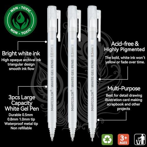 MARTCOLOR White Gel Pens, 3 Pack, 0.5mm, 0.8mm, 1.0mm White Gel Ink Pens
