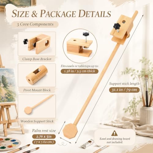 Cinnvoice Mahl Stick for Painting, Artist Hand Rest, Clamp On Beechwood Painting Support Stick, Adjustable Stable Hand Rest for Easel, Oil Acrylic Watercolor Paint Supplies for Artists Students