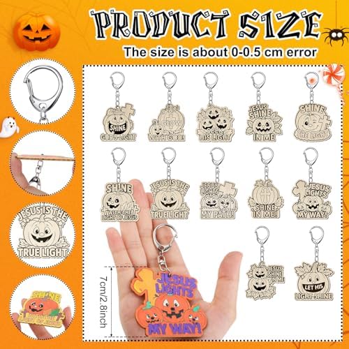 Trnayi 36 Pcs Christian Pumpkin Wood Keychain DIY Craft | Christian Pumpkin Wooden Keychain, Color Your Own Unfinished Craft, Blank Wood Painting DIY Craft, for Halloween Art Project