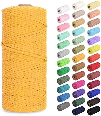 Macrame Cord 2mm x 220Yards (656Feet), Natural Cotton Macrame Rope - 2 Strands Twisted Macrame Cotton Cord for Wall Hanging, Plant Hangers, Crafts, Gift Wrapping and Wedding Decorations, Golden Yellow